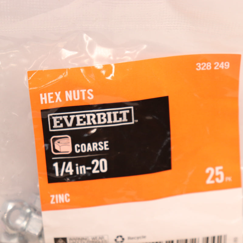 (25-Pk) Everbilt Hex Nut Zinc Plated 1/4"-20 328249