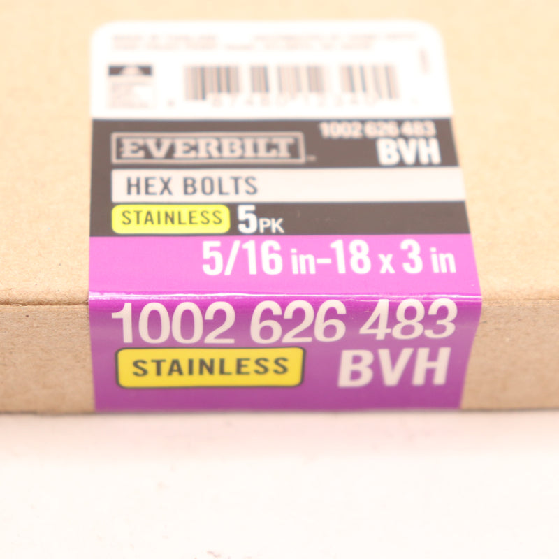 (5-Pk) Everbilt Hex Bolt Stainless Steel 5/16"-18 x 3"