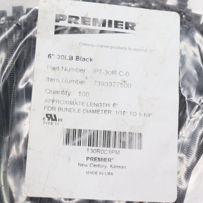 (100-Pk) Premier Cable Ties Wrap 30 Lb Black 6" PT-30R-C-0