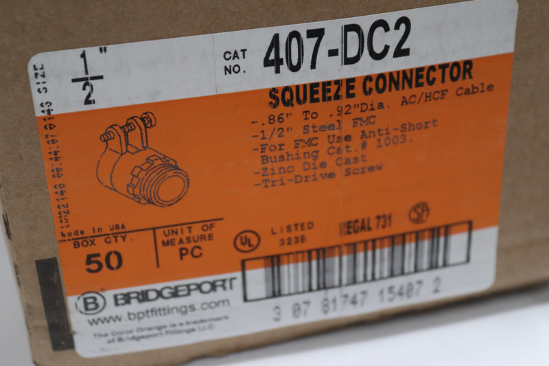 (50-Pk) Bridgeport Squeeze Connector Die Cast Zinc 1/2" 407-DC2