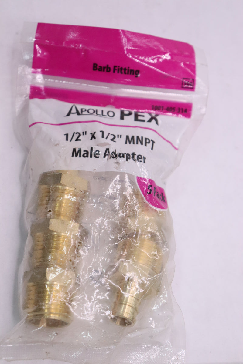 (5-Pk) Apollo Male Pipe Thread Adapter Brass 1/2" PEX Barb x 1/2" APXMA125PK