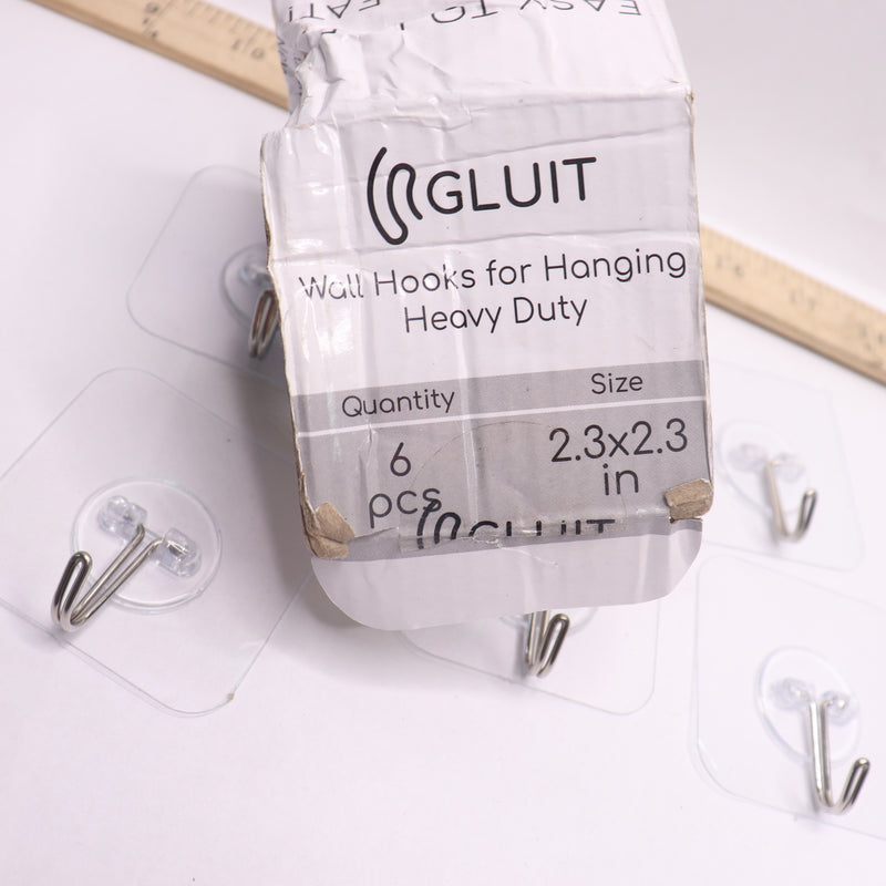 (6-Pk) Gluit Heavy Duty Adhesive Wall Hooks for Bathroom Kitchen 2.3" x 2.3"
