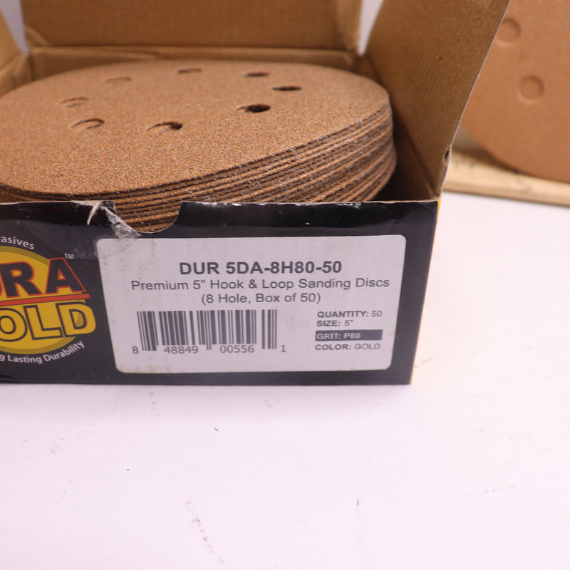 (5-Pk) Dura-Gold Hook & Loop Sanding Discs 80 Grit 8 8 Hole Gold 5" 5DA-8H80-50