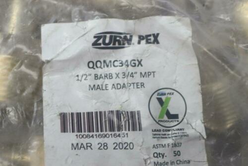 (50-Pk) Zurn Crimp XL Male Adapter Brass 1/2" Barb x 3/4" MPT QQMC34GX