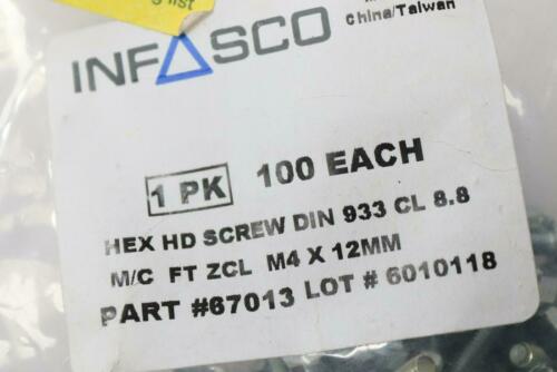 100-Pack Infasco 67013 Hex Head Screw Din 933 CL 8.8 M4 x 12mm