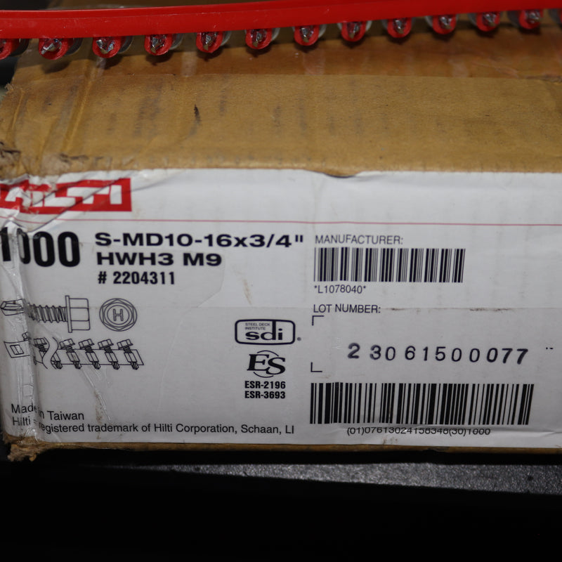 (1000-Pk) Hilti Hex Head Self-Drill Screws Carbon Steel No.10 x 3/4" 2204311