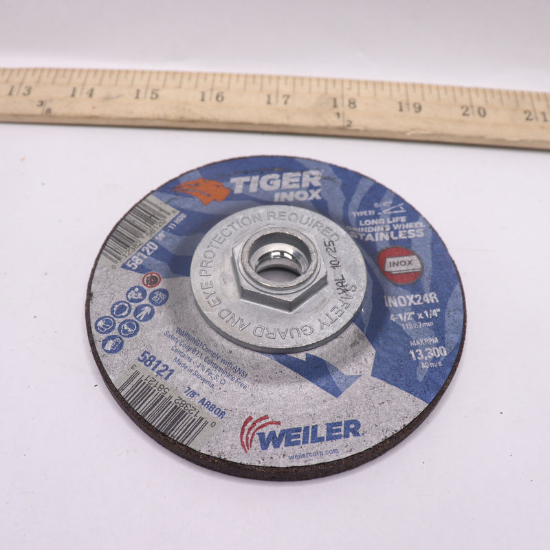 Weiler Tiger INOX Grinding Wheel T27 7/8" Arbor 4-1/2" Dia 58121