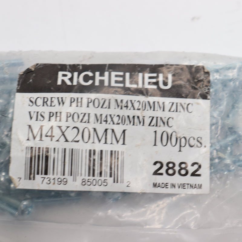 (100-Pk) Richelieu Pan Head Posi Drive Zinc Plated M4 x 20 MM 2882