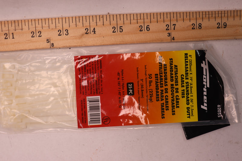 (25-Pk) Forney Cable Ties Natural Releasable Standard Duty 50 Lbs. 8" 62055