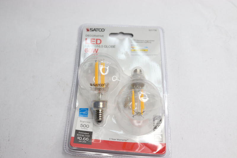 (2-Pk) Satco Nuvo Candelabra Led Decorative Light Bulb 60W Equivalent G16.5