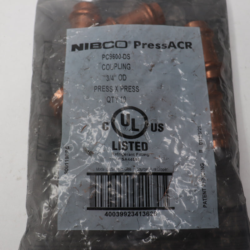 (10-Pk) Nibco Coupling Wrot Copper P x P 3/4" PC9600-DS