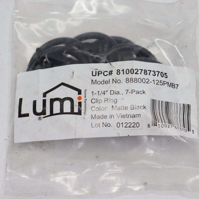 (7-Pk) Lumi Home Furnishings Curtain Ring with Clip Matte Black Steel 1.25"