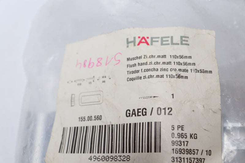 (5-Pk) Hafele Flush Handles Chrome Plated Zinc Alloy 110mm x 56mm 155.00.560