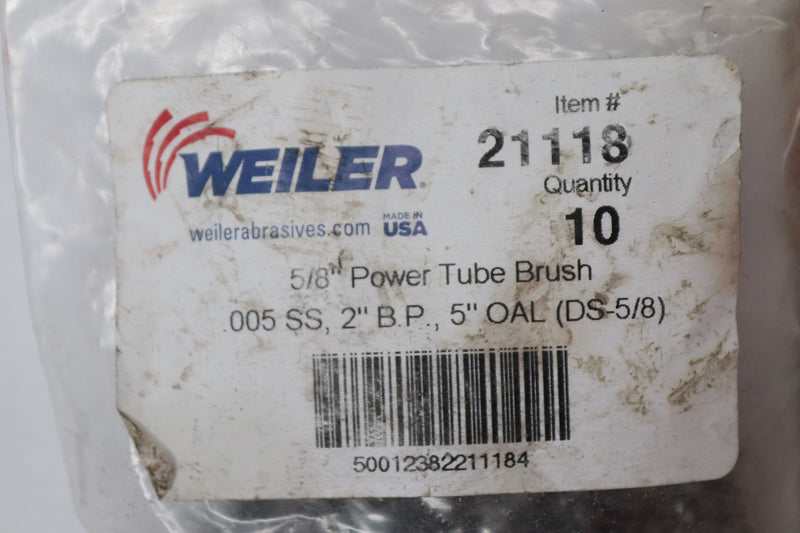 (10-Pk) Weiler Power Tube Brush .005" Wire Fill x 2" Brush Length x 5/8" 21118