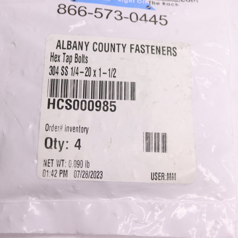 (4-Pk) Albany County Fastners Hex Head Bolts 304 SS 1/4"-20 x 1-1/2" HCS000985