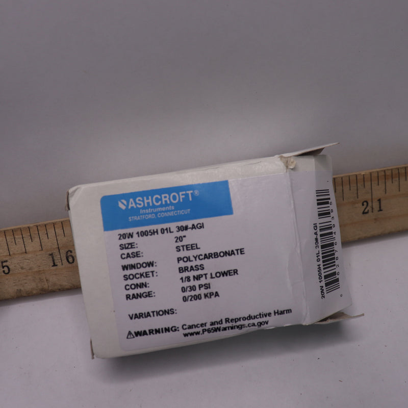 Ashcroft Commercial Pressure Gauge Polycarbonate 0-30 PSI 20" 20-W-1005-H-01L