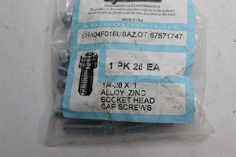 (25-Pk) Socket Source Socket Head Cap Screws Alloy Zinc 1/4"-28 x 1"