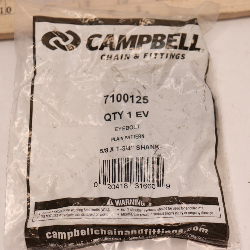 Campbell Eye Bolt Plain Pattern Thread 5/8" x 1-3/4" Shank 7100125