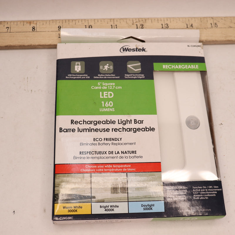 Westek Battery Powered LED Rechargeable Light Bar White 160Lm 5" Square