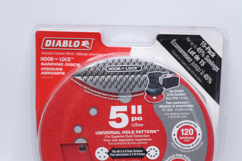 (15-Pk) Diablo Universal Hole Random Orbital Sanding Disc 120 Grit 5"