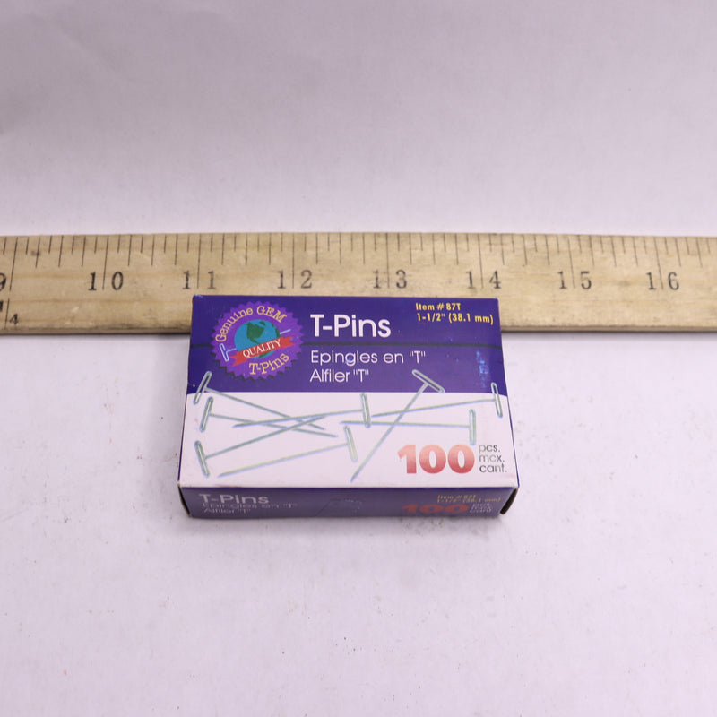 (100-Pk) Gem Office Products T-Pins Silver  1-1/2" Length 9/16" Hd Width 87T