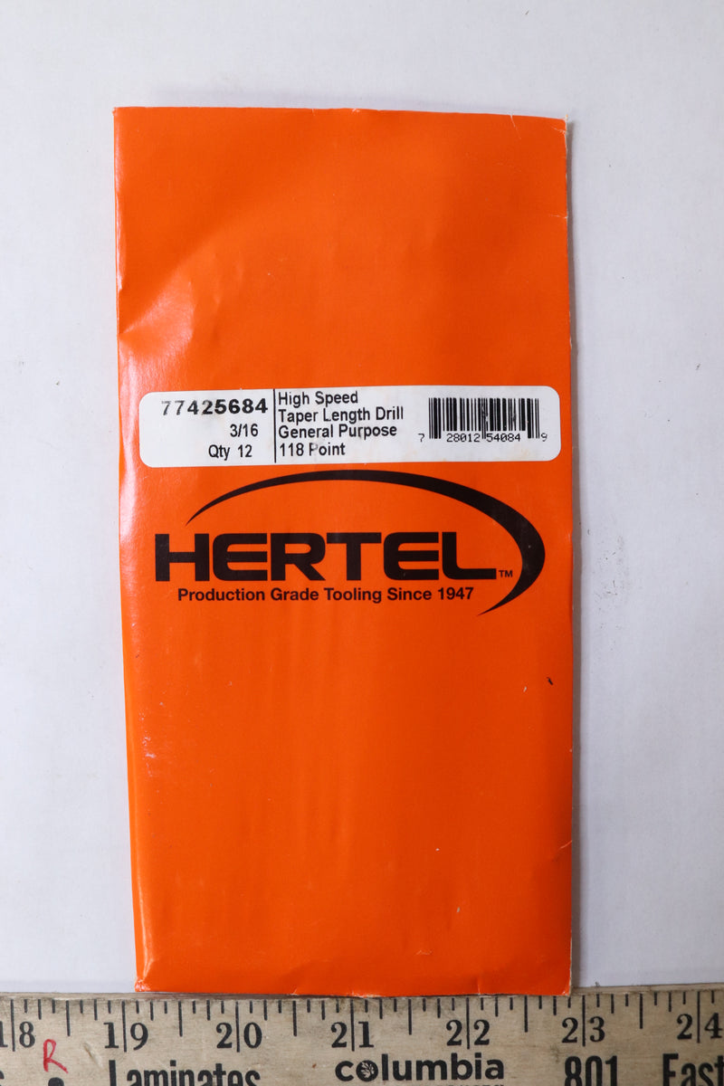 (12-Pk) Hertel Spiral Flute HSS Taper Length Drill Bit 118° 3/16-In