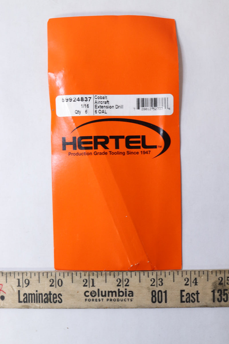 (6-Pk) Hertel Spiral Flute HSS Taper Length Drill Bit 118° 3/16-In