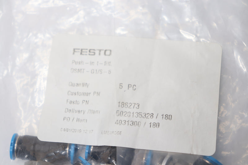 (5-Pk) Festo Push In Tee Fitting PBT/Brass 28.4mm Length 186273