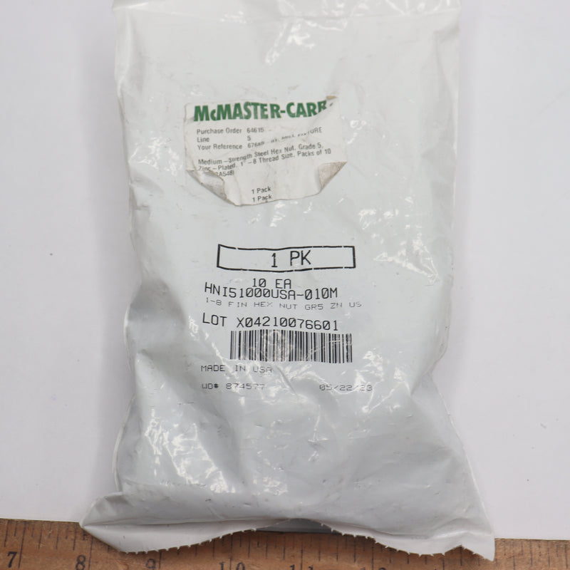(10-Pk) McMaster carr Hex Nut Zinc-Plated Medium-Strength Steel Grade 5 1"-8