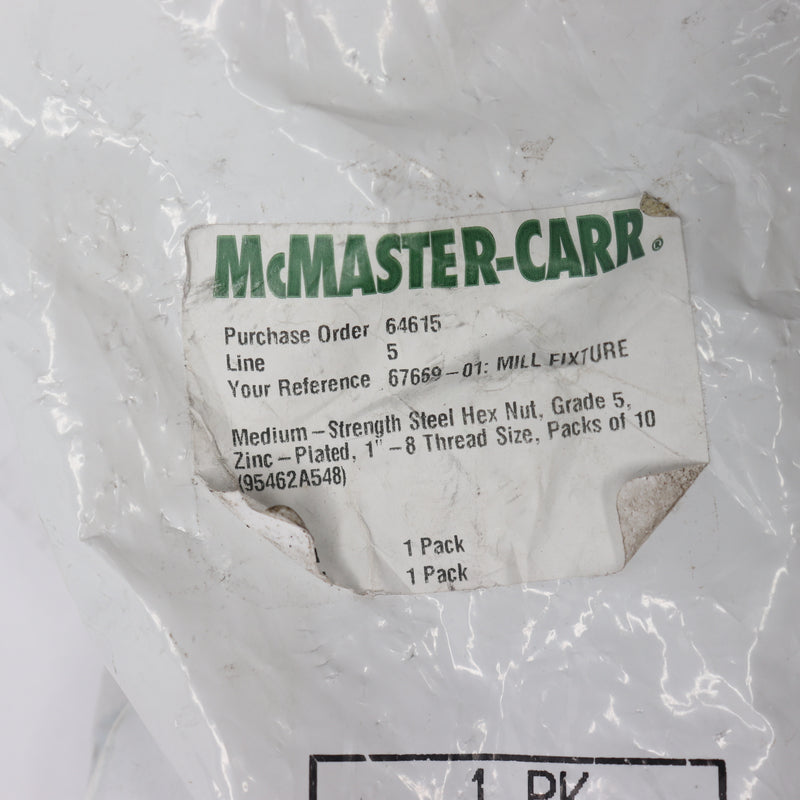 (10-Pk) McMaster carr Hex Nut Zinc-Plated Medium-Strength Steel Grade 5 1"-8
