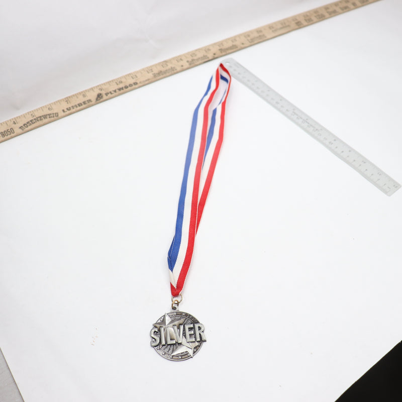 Silver Medal on Red White Blue Lanyard 15" 2" Crown