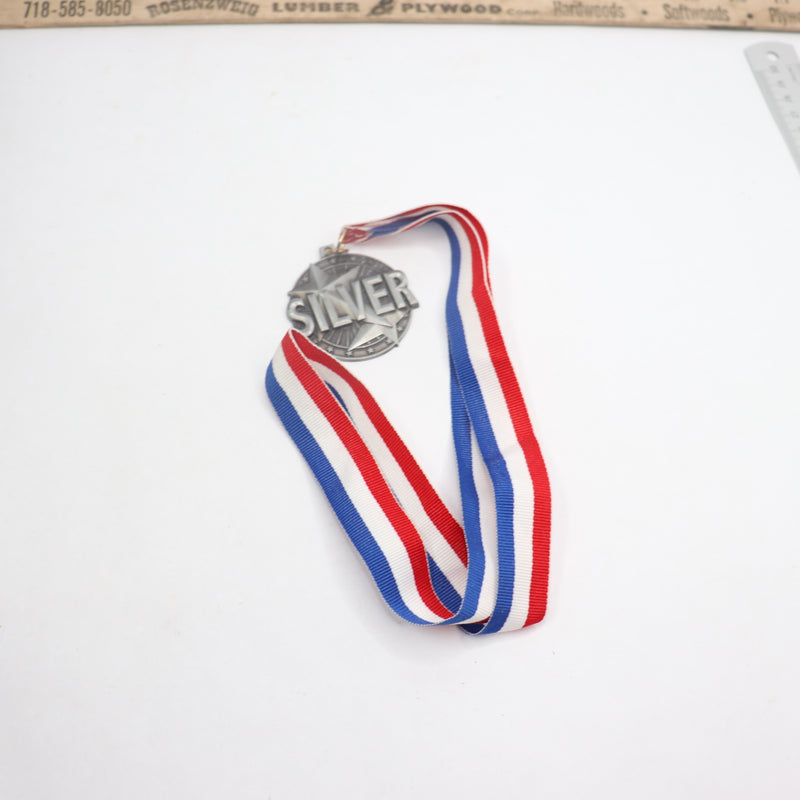 Silver Medal on Red White Blue Lanyard 15" 2" Crown