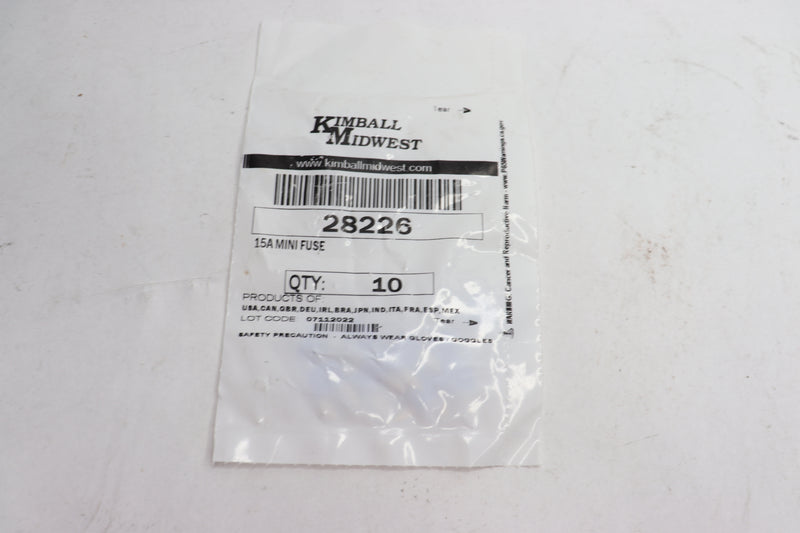 (10-Pk) Kimball Midwest ATM Mini Fuse 15 Amp 32V DC Blue 28226