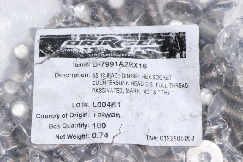 (100-Pk) Briksen Flat Socket Head Cap Screws 18-8 SS M8 x 16mm B-7991A28X16