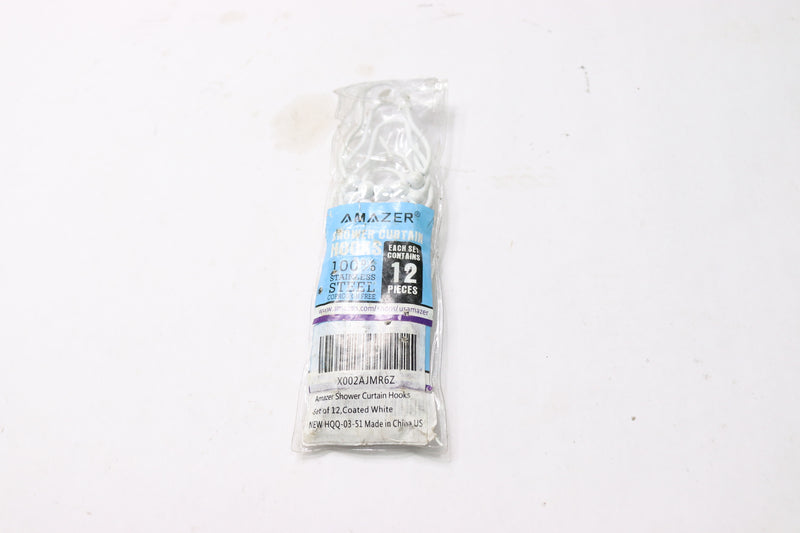 (12-Pk) Amazer Shower Curtain Hooks Rings Stainless Steel Coated White HQQ-03-51