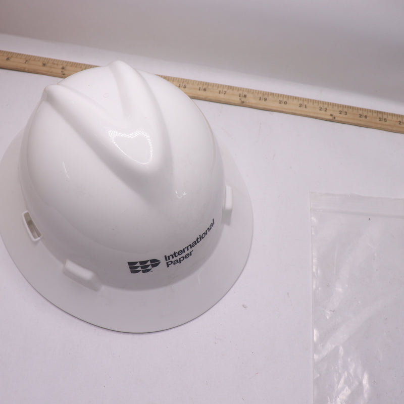 MSA Front Brim V-Gard Hard Hat White - With "International Paper Logo"