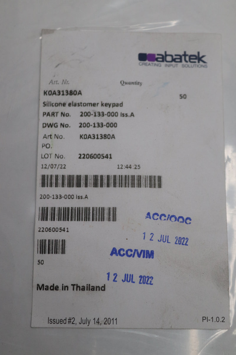 (50-Pk) Abatek Elastomer Keypad Silicone 200-133-000