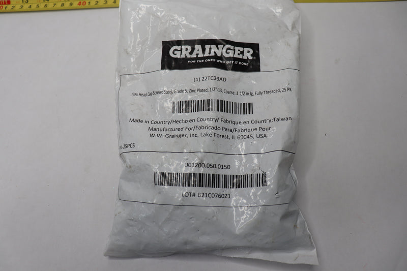 (25-Pk) Grainger Hex Head Cap Screws Zinc Plated Steel 1/2"-13 x 1-1/2"
