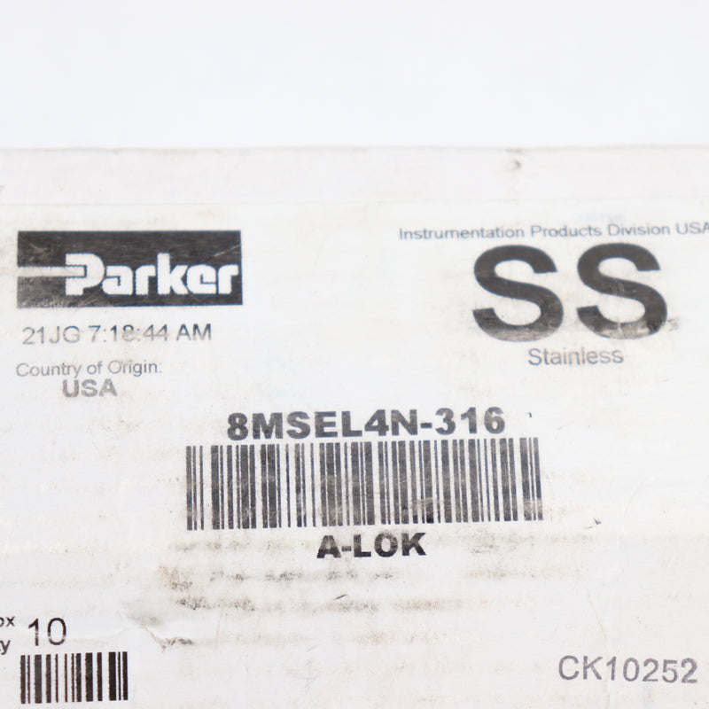(10-Pk) Parker A-Lok Male Elbow 1/2" Compression Tube x 1/4" 8MSEL4N-316