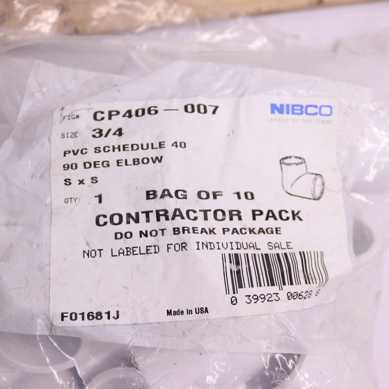 (10-Pk) Nibco 90-Deg Elbow White PVC Sch 40 3/4" Socket CP406-007