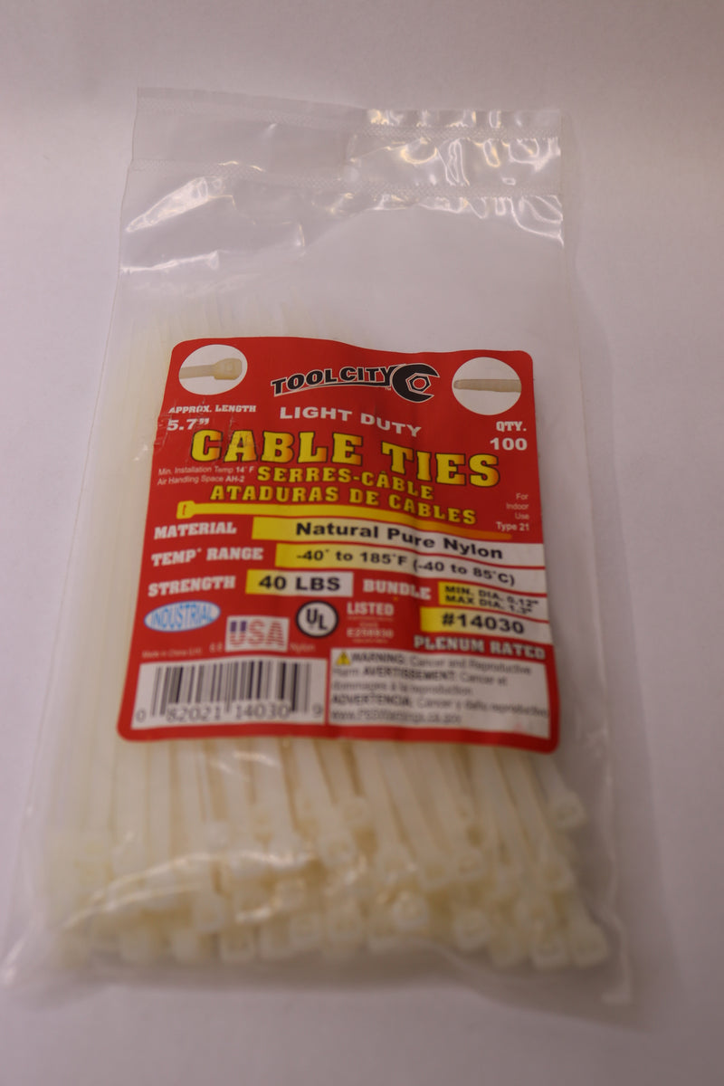 (100-Pk) Tool City Cable Ties Nylon White 5.7" L 14030
