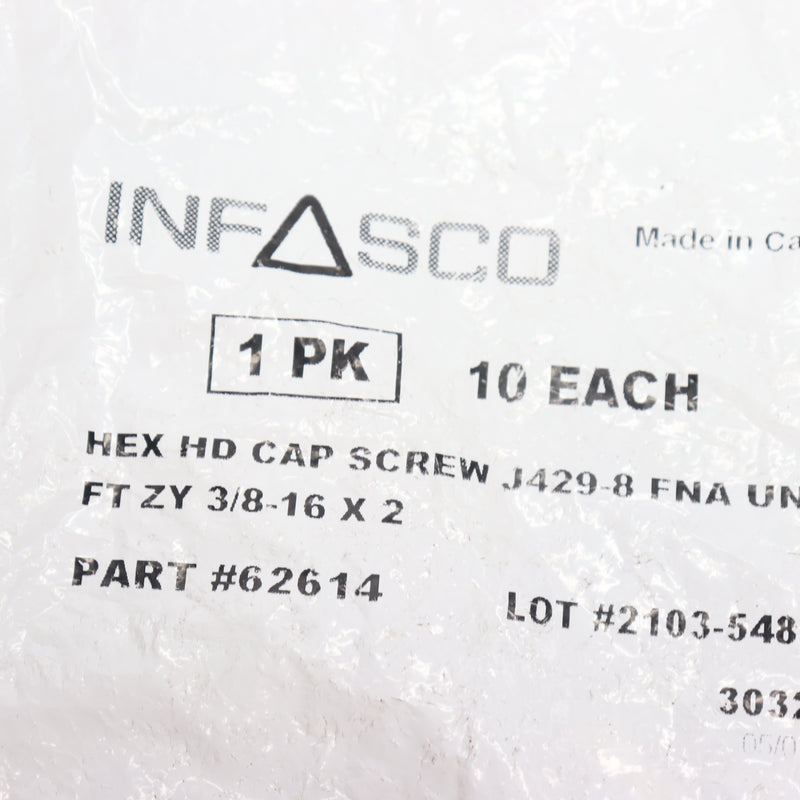 (10-Pk) Infasco Hex Cap Screw Zinc Plated Full Thread Gr8 3/8-16 x 2" 62614
