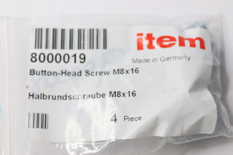 (4-Pk) Item America Button-Head Screw Bright Zinc Plated M8 x 16mm 8000019