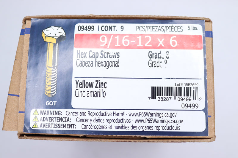 Midwest Coarse Thread Hex Cap Screws Zinc Plated GR8 5 Lbs/Pack 9/16"-12 x 6"