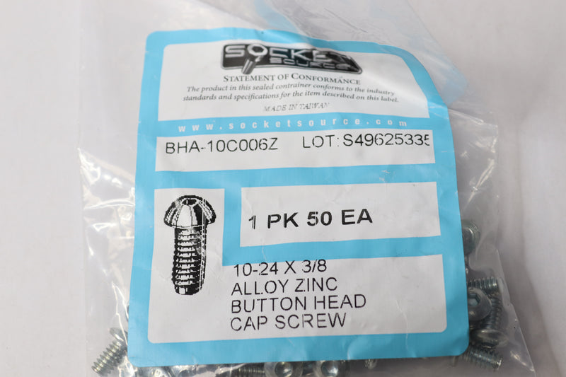 (50-Pk) SocketSource Button Head Cap Screw Alloy Zinc 10-24 x 3/8" BHA-10C006Z