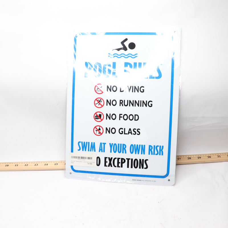 Sigo Pool Rules Sign No Diving No Running No Food No Glass Aluminum 10" x 14"
