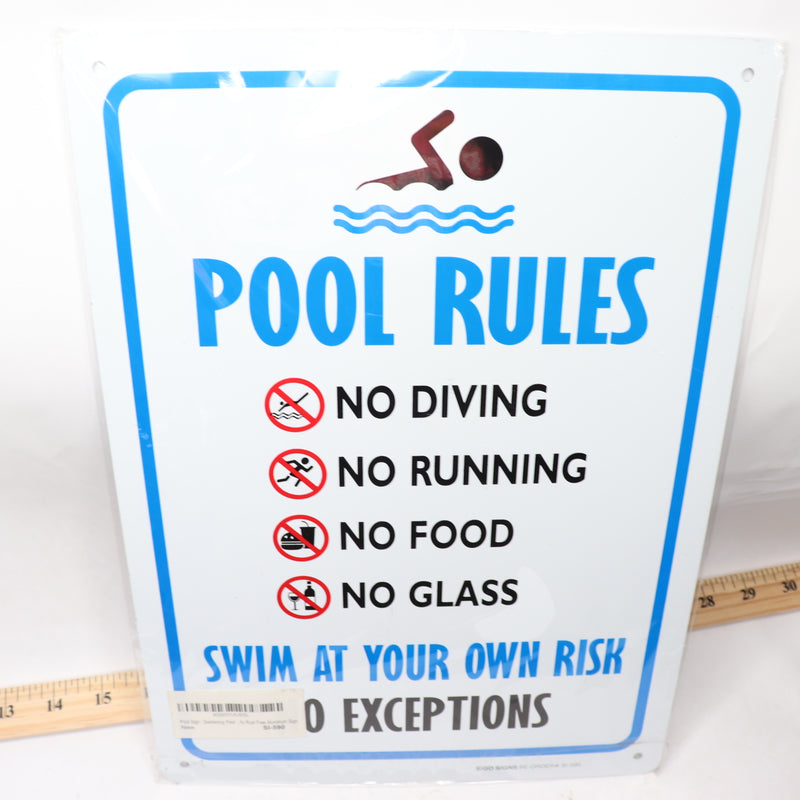 Sigo Pool Rules Sign No Diving No Running No Food No Glass Aluminum 10" x 14"