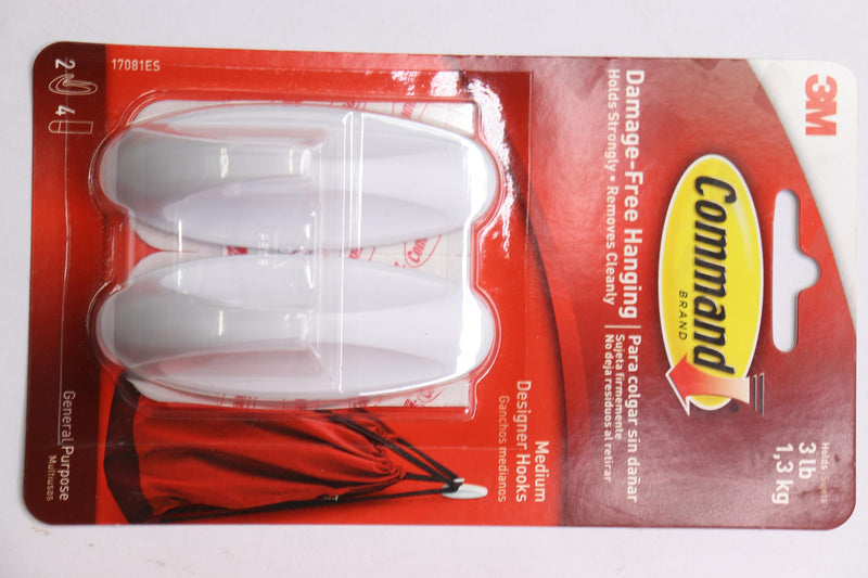 3M Adhesive Designer Hook Set Holds Strongly & Firmly Medium Plastic White 17081